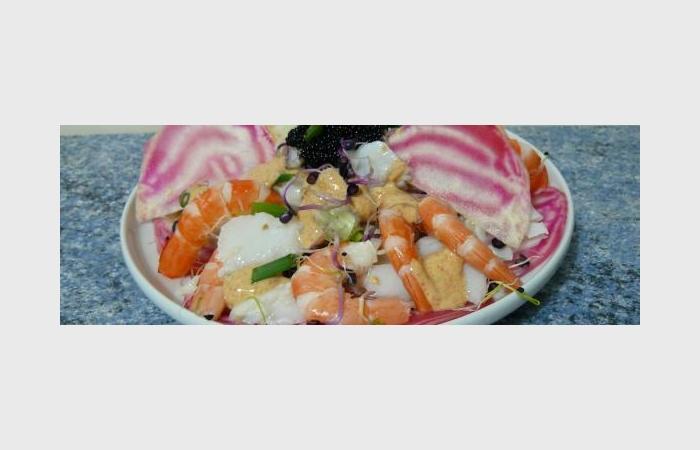 Rgime Dukan (recette minceur) : Salade de cabillaud et crevettes sur carpaccio de betterave chioggia #dukan https://www.proteinaute.com/recette-salade-de-cabillaud-et-crevettes-sur-carpaccio-de-betterave-chioggia-10092.html