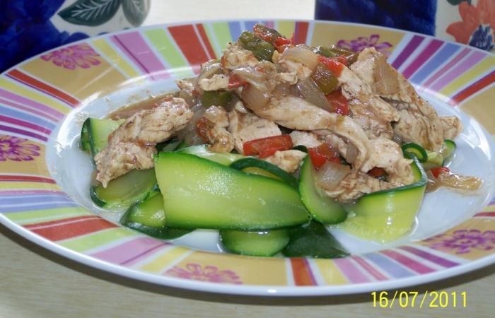 Rgime Dukan (recette minceur) : Poulet chinois sur lit de tagliatelles de courgettes #dukan https://www.proteinaute.com/recette-poulet-chinois-sur-lit-de-tagliatelles-de-courgettes-5450.html