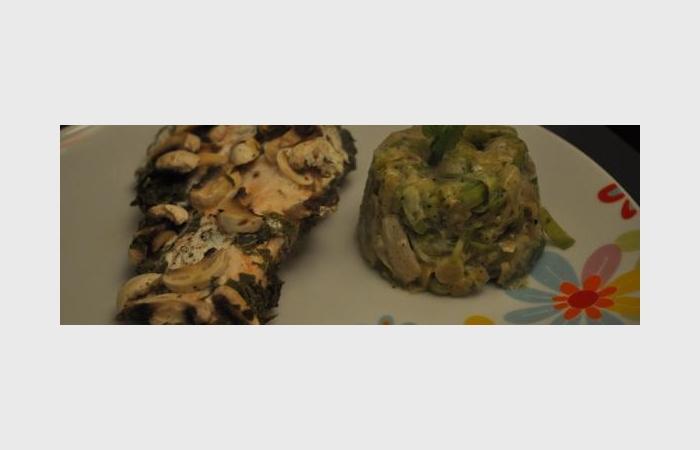 Rgime Dukan (recette minceur) : Saumon  la melisse et champignons frais accompagn d'une fondue de poireaux  l'ail des ours #dukan https://www.proteinaute.com/recette-saumon-a-la-melisse-et-champignons-frais-accompagne-d-une-fondue-de-poireaux-a-l-ail-des-ours-7939.html