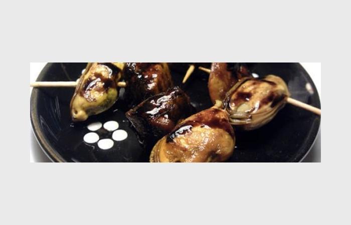Rgime Dukan (recette minceur) : Brochettes de moules au foie gras de la mer et rduction balsamique #dukan https://www.proteinaute.com/recette-brochettes-de-moules-au-foie-gras-de-la-mer-et-reduction-balsamique-9892.html