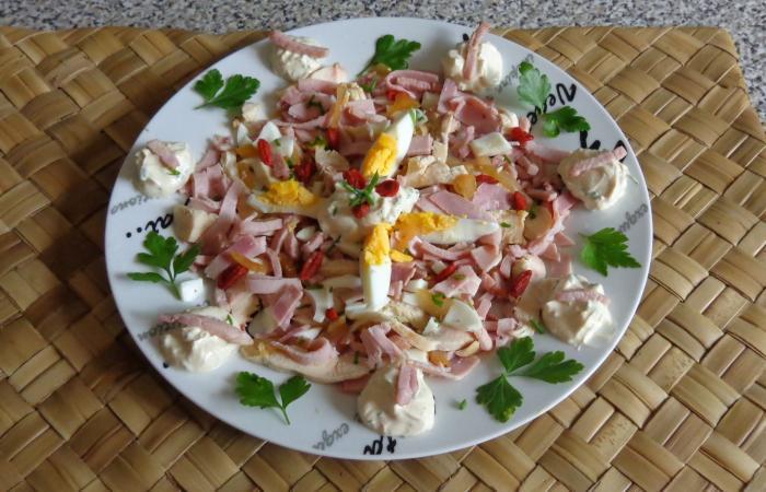 Régime Dukan (recette minceur) : Salade au poulet /jambon sauce ciboulette #dukan https://www.proteinaute.com/recette-salade-au-poulet-jambon-sauce-ciboulette-10627.html