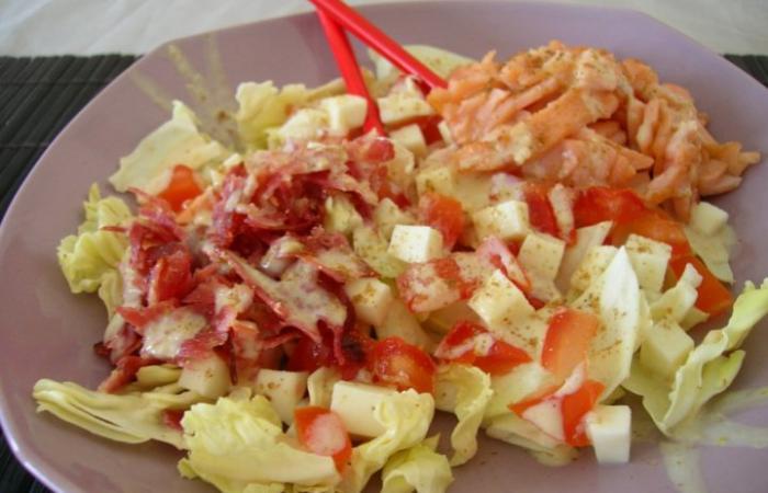 R�gime Dukan (recette minceur) : Salade 'Craquante fondante entre Terre et Mer' #dukan https://www.proteinaute.com/recette-salade-craquante-fondante-entre-terre-et-mer-1248.html