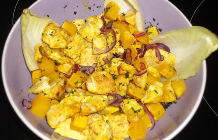 Rgime Dukan (recette minceur) : Salade tide de poulet et butternut  l'indienne #dukan https://www.proteinaute.com/recette-salade-tiede-de-poulet-et-butternut-a-l-indienne-12528.html