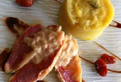 Photo Dukan Filets de rougets sauce citronnée aux échalotes, purée de panais et tomates confites 