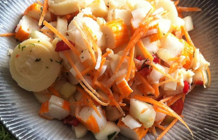 Régime Dukan (recette minceur) : Salade aux coeurs de palmiers, surimi et petits légumes #dukan https://www.proteinaute.com/recette-salade-aux-coeurs-de-palmiers-surimi-et-petits-legumes-13859.html