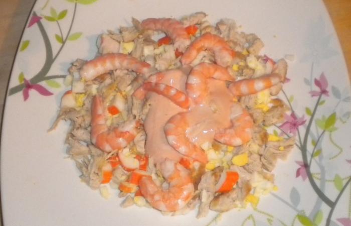 Régime Dukan (recette minceur) : Salade poulet/crevettes sauce cocktail #dukan https://www.proteinaute.com/recette-salade-poulet-crevettes-sauce-cocktail-2889.html