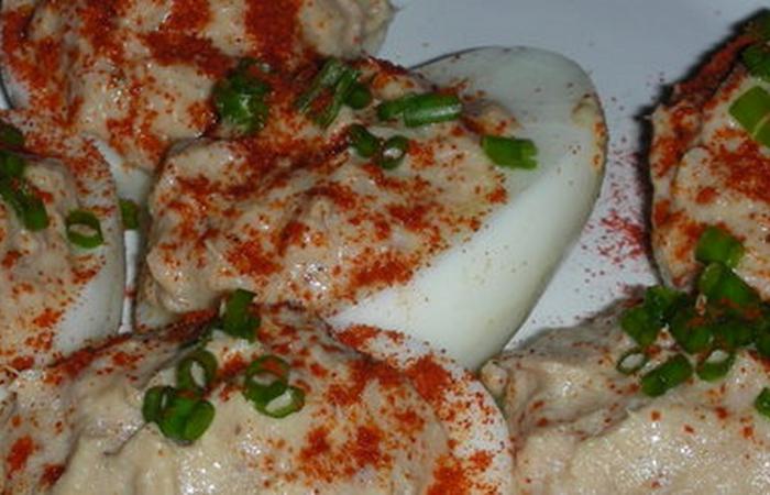 Régime Dukan (recette minceur) : Oeufs mimosa au poisson #dukan https://www.proteinaute.com/recette-oeufs-mimosa-au-poisson-440.html