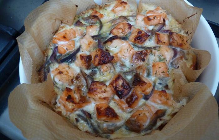 Rgime Dukan (recette minceur) : Tarte au saumon et aux oignons caramliss #dukan https://www.proteinaute.com/recette-tarte-au-saumon-et-aux-oignons-caramelises-4594.html