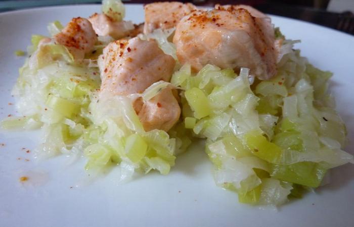 R�gime Dukan (recette minceur) : Saumon � la vapeur sur un lit de poireaux #dukan https://www.proteinaute.com/recette-saumon-a-la-vapeur-sur-un-lit-de-poireaux-5273.html