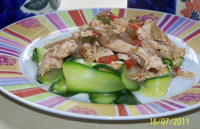 R�gime Dukan (recette minceur) : Poulet chinois sur lit de tagliatelles de courgettes #dukan https://www.proteinaute.com/recette-poulet-chinois-sur-lit-de-tagliatelles-de-courgettes-5450.html