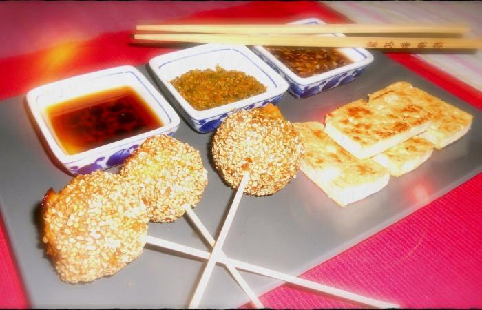 R�gime Dukan (recette minceur) : Boulettes orientales fa�on lollipop, trio de sauces et tofu grill� #dukan https://www.proteinaute.com/recette-boulettes-orientales-facon-lollipop-trio-de-sauces-et-tofu-grille-5797.html