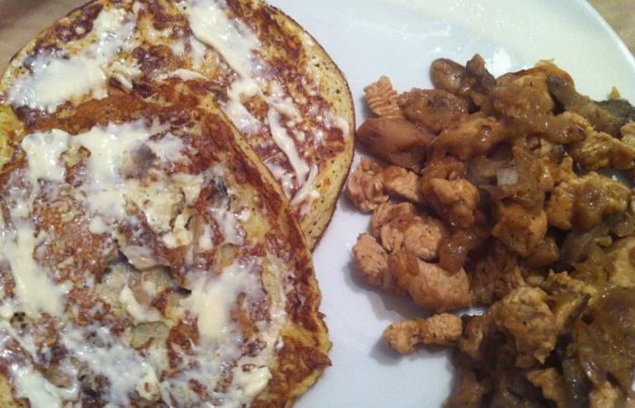 R�gime Dukan (recette minceur) : D�s de poulet aux champignons et cr�pes sal�es #dukan https://www.proteinaute.com/recette-des-de-poulet-aux-champignons-et-crepes-salees-5960.html