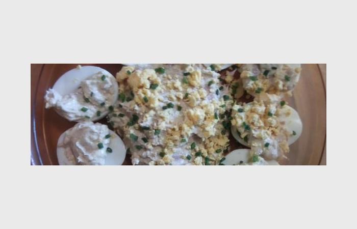 Régime Dukan (recette minceur) : Oeufs mimosas au thon #dukan https://www.proteinaute.com/recette-oeufs-mimosas-au-thon-6969.html