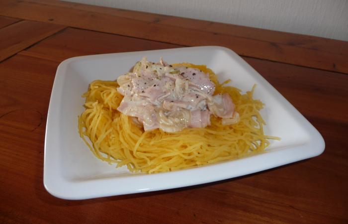 Régime Dukan (recette minceur) : Spaghetti de courge à la carbonara #dukan https://www.proteinaute.com/recette-spaghetti-de-courge-a-la-carbonara-85.html