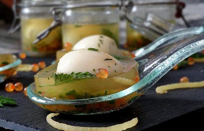 Verrines fra�cheur (oeufs de caille et de truite en gel�e d'herbes)