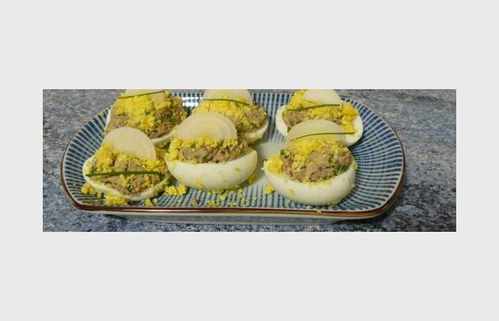 Régime Dukan (recette minceur) : Oeufs mimosa à la sardine grillée #dukan https://www.proteinaute.com/recette-oeufs-mimosa-a-la-sardine-grillee-9685.html